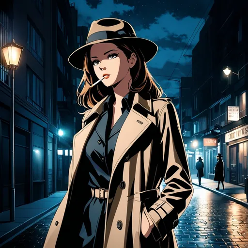 Prompt: Private investigator woman walking down the street (cigarette in side of her mouth, wearing a fedora hat,hand in pockets,trenchcoat),focused gaze - following a suspect, night setting, street lights,street view,dark colors,best quality, ultra-detailed, night tones, street scene, atmospheric lighting