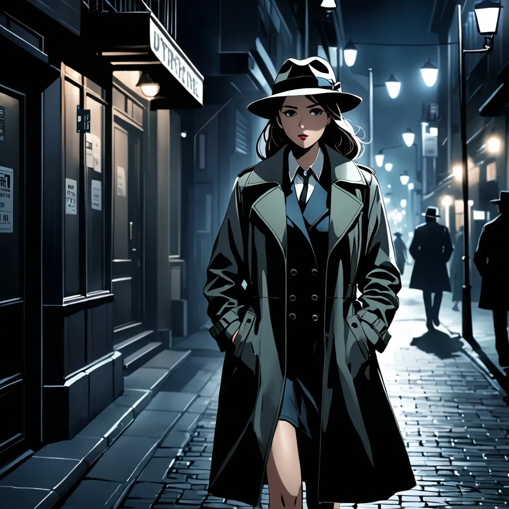 Prompt: Long shot.
Private investigator walking down the street (female, cigarette in the side of her mouth, wearing a fedora hat, one hand in pocket, wearing a trenchcoat), she has a focused expression (she is following a suspect), nighttime setting,  dim street lights,dark colors,best quality, ultra-detailed, night tones, quiet street scene, moody lighting