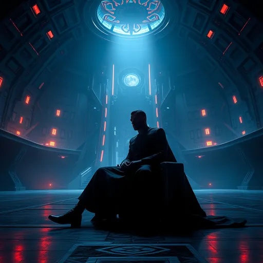 Prompt: Star Trek scene, (man sitting) majestically in a vast, dimly lit room, inspired by (Klingon warlord) theme, (ultra-detailed), vibrant highlights piercing through the gloom, evokes tension and strength, intricate alien architecture in the background, a sense of majesty and power, rich and deep color palette, stunning (4K) quality for powerful visual impact, immersive atmosphere.