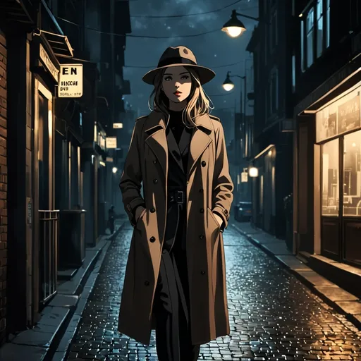 Prompt: Side shot.
Private investigator walking down the street (female, cigarette in the side of her mouth, wearing a fedora hat, one hand in pocket, wearing a trenchcoat), she has a focused expression (she is following a distant suspect), nighttime setting,  dim street lights,dark colors,best quality, ultra-detailed, night tones, quiet city street scene, moody lighting