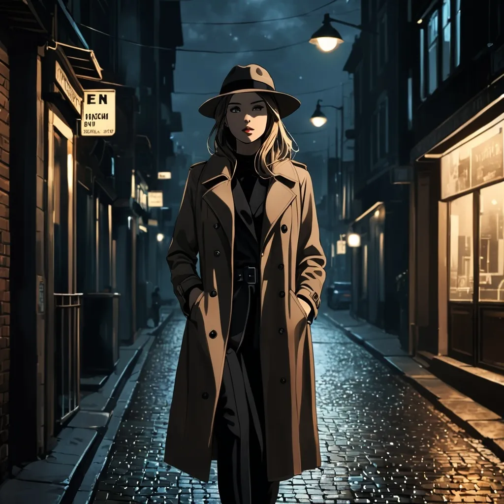 Prompt: Side shot.
Private investigator walking down the street (female, cigarette in the side of her mouth, wearing a fedora hat, one hand in pocket, wearing a trenchcoat), she has a focused expression (she is following a distant suspect), nighttime setting,  dim street lights,dark colors,best quality, ultra-detailed, night tones, quiet city street scene, moody lighting