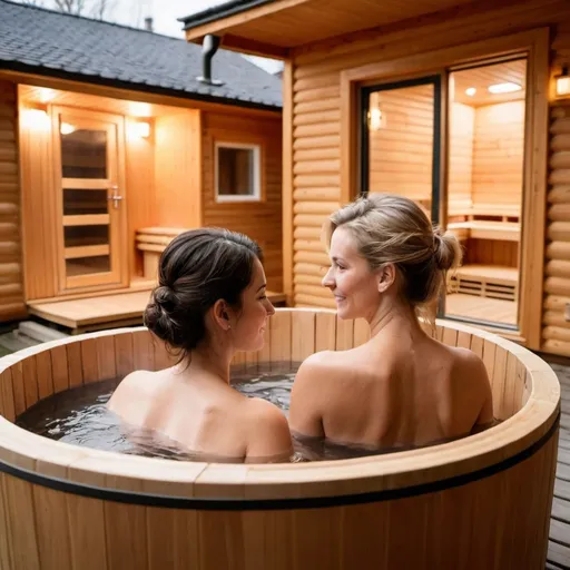 Prompt: show the back of two women in a small wooden hot tub outside, with a sauna exterior in the background 
