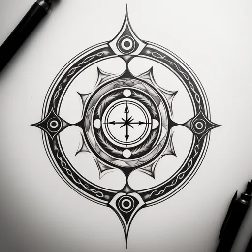 Prompt: Create an image for a tattoo that represents the cycle of birth, life, growth, and death. Represent a renewal of spirit, rebirth. New boundaries drawn and old boundaries crossed five times. Represent my connection to the Divine, Creator God and Jesus.