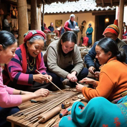 Prompt: Cultural Exchange:
"A scene of travelers engaging in a cultural exchange with local community members. The travelers are participating in a traditional craft workshop, learning how to make local handicrafts, while local artisans explain their techniques and cultural significance. The setting is vibrant, showcasing various tools and materials used in the craft."