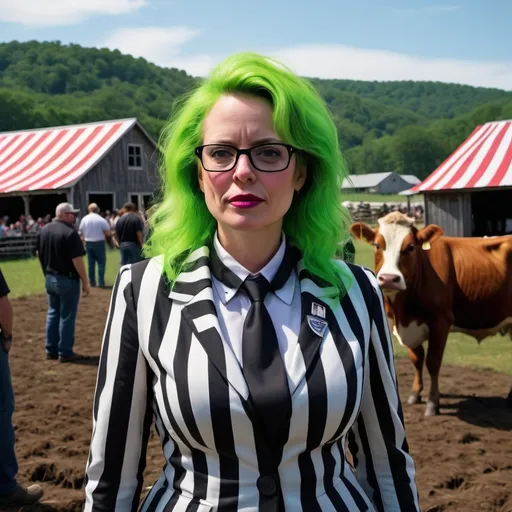 Prompt: Kimberly Cheatle the director of the secret service in the form of 
beetlejuice on a sloped farm roof next to a cow dark comedy, surreal atmosphere, cinematic contrast, vibrant neon green highlights, dramatic shadows, day scene, quirky and eerie vibe, Trump rally in the background , farm background in the distance, over-the-top costume details, ultra-detailed, 4K illustration, high contrast, high definition, deep colors at a Trump Rally on a farm