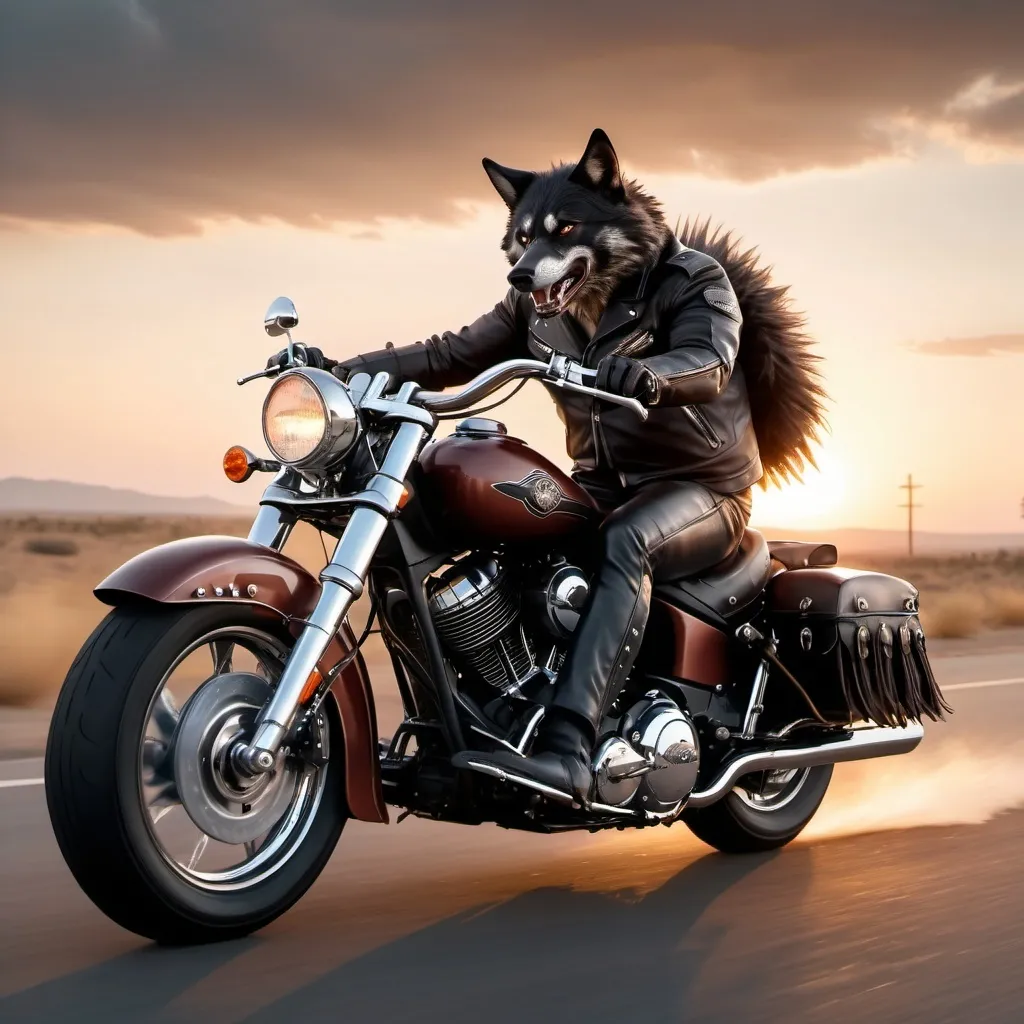 Prompt: The big bad wolf riding an Indian Harley, dynamic action pose, detailed fur and leather, sunset in the background, dramatic warm colors, cinematic lighting, road with motion blur, intense and adventurous atmosphere, photorealistic, ultra-detailed, 4K, high contrast, deep shadows, chrome reflections on the motorcycle, windswept fur, high quality, award-winning photography style