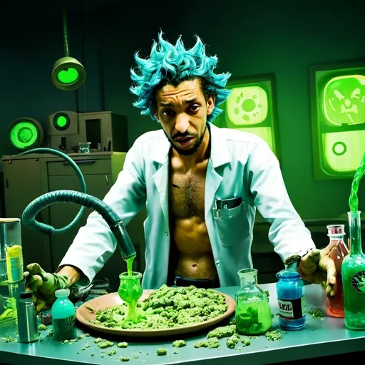 Prompt: A chaotic scene featuring Rick Sanchez from Rick and Morty, depicted in a humorous yet slightly grotesque moment of vomiting. The setting is a cluttered, futuristic laboratory filled with glowing gadgets, beakers, and sci-fi machinery under harsh, neon lighting that casts vivid reflections. Rick’s wild blue hair and lab coat are slightly disheveled, his face contorted in a mix of disgust and comedic exaggeration. Bright green vomit spurts from his mouth, adding to the exaggerated cartoon style. The overall atmosphere is energetic and absurd, emphasizing a vivid, animated aesthetic with dynamic lighting and bold colors. Art style suggestion: expressive cartoon with cinematic lighting, emphasizing humor and exaggeration.