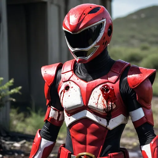 Prompt: a red ranger, abandoned, filled with madness, covered in blood