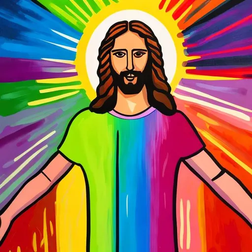 Prompt: Gay Jesus painting, vibrant acrylic colors, inclusive, modern interpretation, compassionate expression, LGBT pride flag, vibrant rainbow, progressive, high quality, contemporary art, colorful, emotional lighting