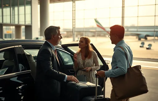 Prompt: scene from Bangkok hyper modern airport. An adult couple getting into a limousine, the driver helping them with the with luggage, an airport hall and airplanes can be seen in the background. Captured through a wide-angle camera lens, expect a hyperrealistic image in cinematic aspect ratios