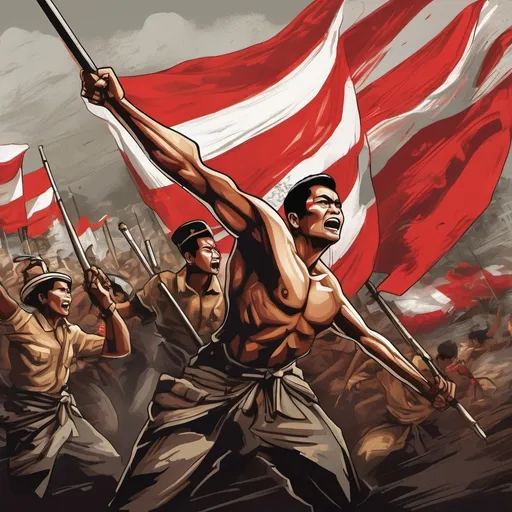 Prompt: (produce an illustrative image in the style of heroic struggle) Indonesian heroes defending Indonesia's independence which was proclaimed on August 17 1945. Create an image like a sticker, black background or plain white