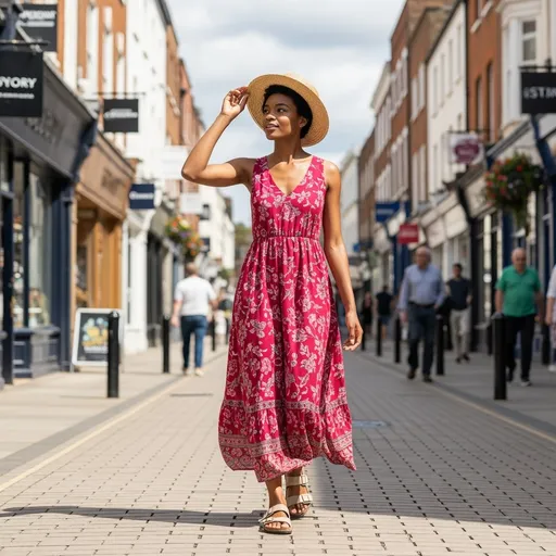 Prompt: Tall young woman walking down the high street, detailed clothing, realistic, natural lighting
