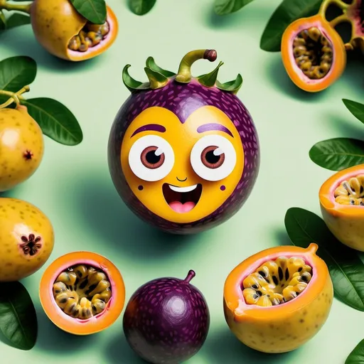 Prompt: create a promo/ad for passionfruit, add a face on the fruit
 make it evoking
make the face cute and cartoonish have a cool background and maybe add a saying