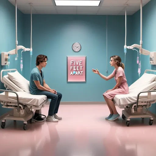 Prompt: (book cover for "Five Feet Apart" by Rachel Lippincott), couple reaching out but separated by five feet, hospital setting with IV poles, emotional and tender atmosphere, soft pastel color tones with pink and blue hues, romantic undertones, high-resolution illustration, intricate details on medical equipment, clean and minimalist design, background showing subtle hospital elements, atmospheric middle-ground lighting, ultra-detailed, captivating and sentimental mood, accurately spelled text "five feet apart.