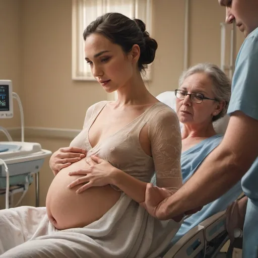 Prompt: Pregnant Gal Gadot giving birth in a natural, hospital setting, triplets, emotional moment, realistic painting, ultra-detailed, maternity, natural birth, motherhood, Gal Gadot, triplets, hospital, emotional, realistic, detailed, soft tones, warm lighting