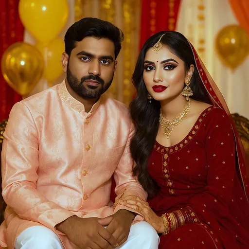 Prompt: A couple sits closely together, radiating a sense of celebration and cultural richness. The man, adorned in a light peach kurta featuring intricate embroidery, displays a solemn expression contrasting with the lively festive atmosphere created by the golden balloons in the background. Beside him, the woman dazzles in a deep red traditional outfit, complete with elegant gold jewelry and a striking makeup look that highlights her features, particularly her bold lips and elaborate eye makeup. The setting appears to be indoors, enhanced by vibrant decorations that suggest a joyous occasion, possibly a wedding or engagement celebration, capturing an intimate moment filled with love and tradition. The warm lighting adds to the overall festive mood, fostering an atmosphere of happiness and togetherness.