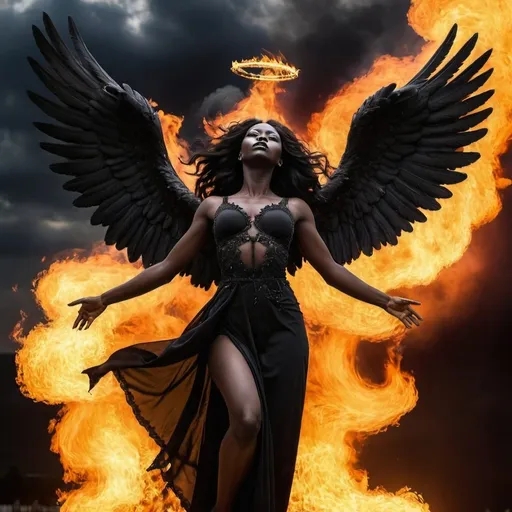 Prompt: Black angel flying up to the sky. with fire coming down from the sky in the background