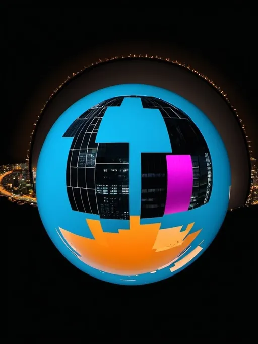 Prompt: 3d sphere floating on top of a city
