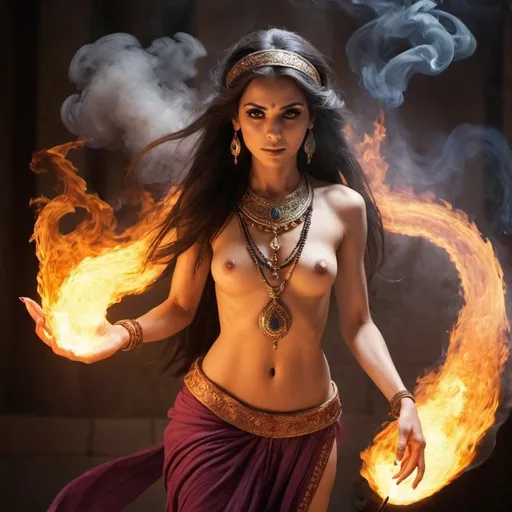 Prompt: pretty female Djinn coming out of the smokeless fire
