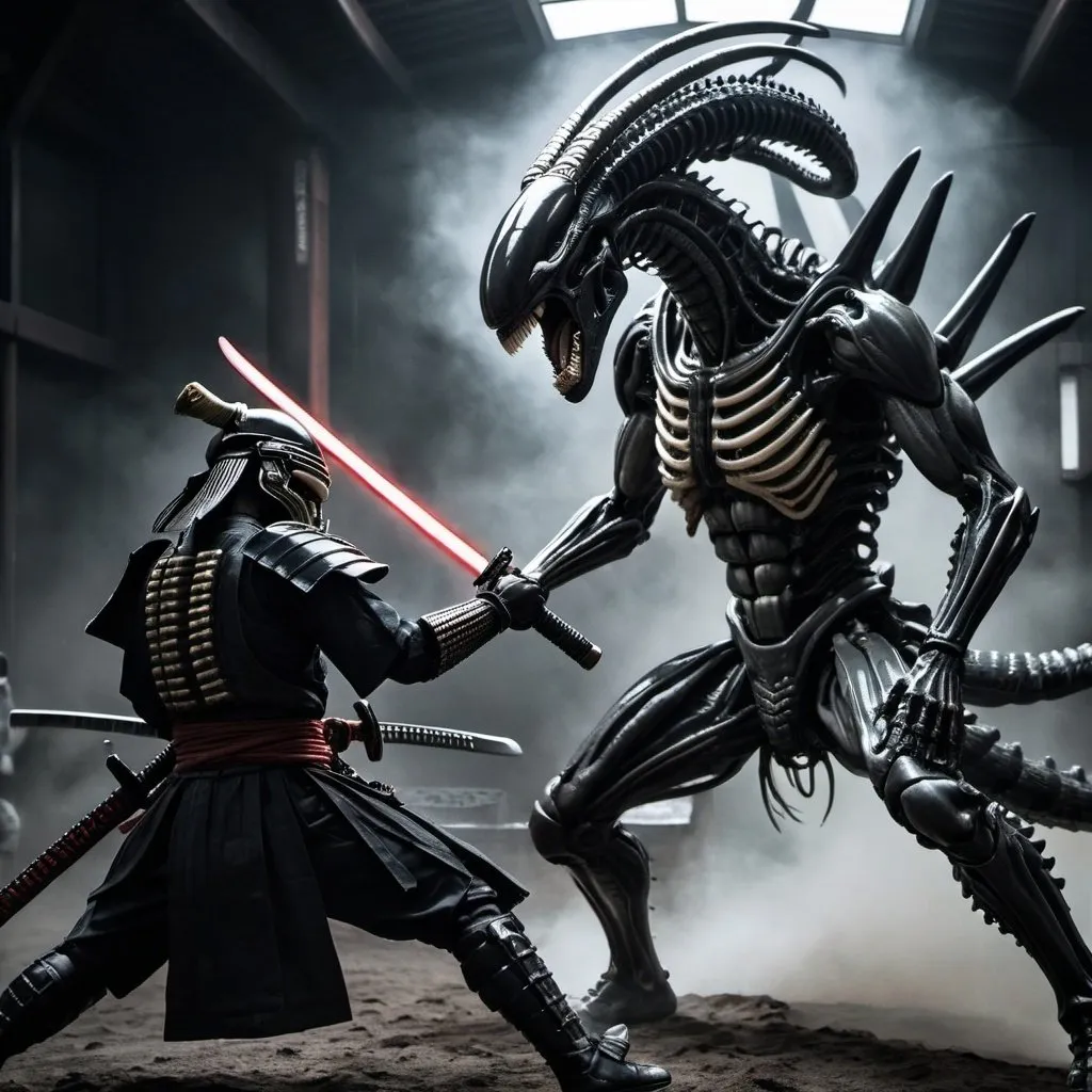 Prompt: Samurai and Xenomorph in an epic battle