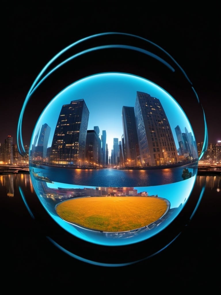 Prompt: 3d sphere floating over a cityscape in first person pperspective