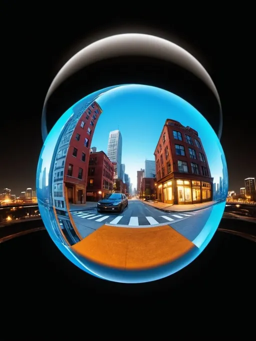 Prompt: 3d sphere floating in the background of a cityscape in first person pperspective