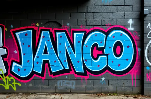 Prompt: Vibrant graffiti wall, with the text "JANCO", stylized tags, bold and colorful lettering, BLUE WITH SMALL RED STARS energetic atmosphere