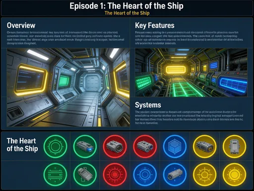 Prompt: This image is a detailed, digital infographic titled "Episode 1: The Heart of the Ship," resembling a technical manual or a guide. The infographic is designed in a dark, futuristic style with a navy blue background and white text. The top section features a title in bold, white letters against a black rectangle, with the subtitle "The Heart of the Ship" in smaller white text.

The infographic is divided into several vertical columns and sections, each containing descriptive text and images. The leftmost column has a series of images depicting various interior views of a futuristic spaceship. These images showcase metallic textures, illuminated panels, and complex machinery with glowing lights in shades of yellow, green, and blue.

Adjacent columns contain detailed descriptions in white text, organized into sections with headings in bold. These sections cover topics such as "Overview," "Key Features," "Systems," and "The Heart of the Ship," providing technical information about the spaceship's components and functions.

The bottom section includes a series of circular icons with labels, each representing different ship systems or components. The icons are colored in green, red, blue, and yellow, and are arranged in a grid-like pattern.

Overall, the infographic is rich in technical detail, utilizing a combination of text and images to convey complex information about the spaceship's design and functionality.