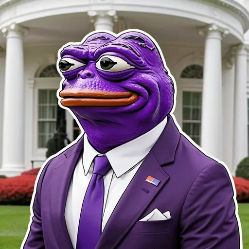 Prompt: purple meme character (like pepe in crypto) visiting white house (make it more like cartoon)