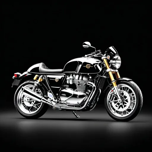 Prompt: Continental GT650 bike on pitch-black background, high-quality rendering, realistic, detailed engine and body, professional photography lighting, sleek design, high contrast, premium quality, premium materials, monochrome, luxurious, attention to detail