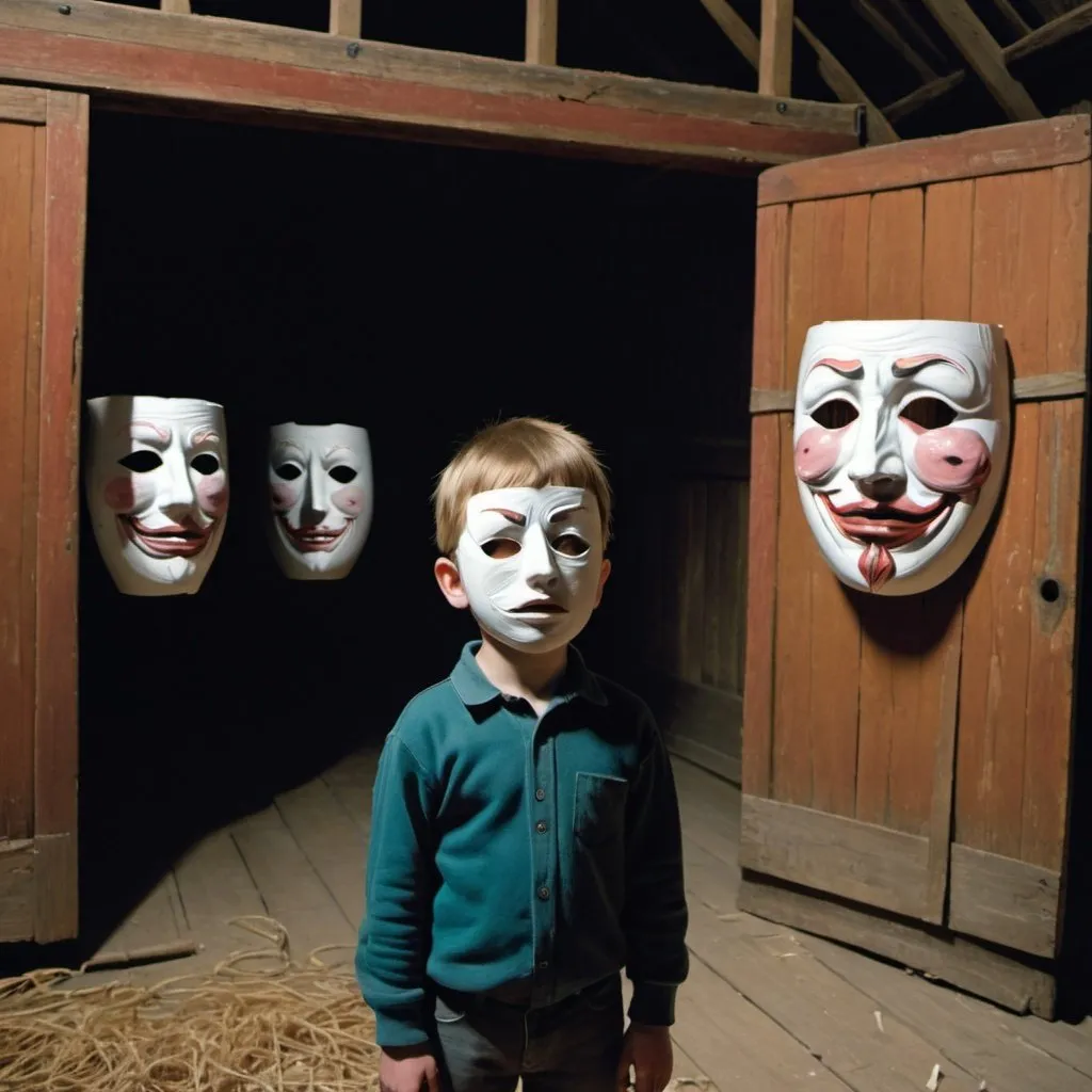 Prompt: A boy with toilet rolls attached to his eyes stares at a giant floating mask in an old barn painted by Francis Bacon