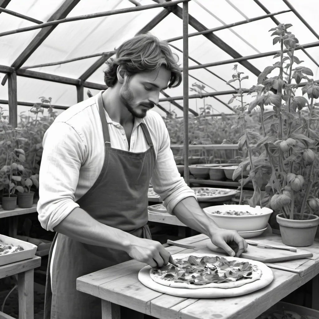 Prompt: Beautiful man making pizzas in tomato greenhouse 15th century pencil lifedrawing 