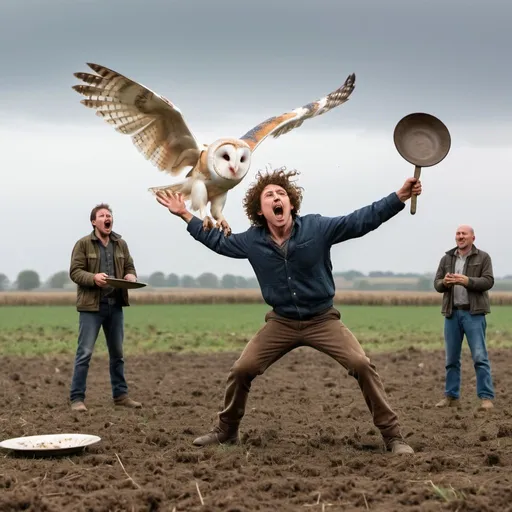 Prompt: A man with curly brown hair screams in anger and smashes plates in a vast field for farming. Two more men watch. One woman smashes a plate and screams. A barn owl flies in the air