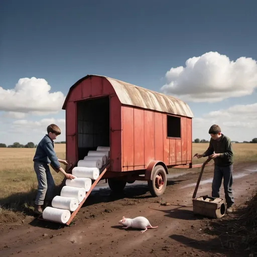 Prompt: Two men drag an old trailer out of dark and dusty barn, dead rats on the ground, the sky red, a boy with binoculars made out of toilet rolls watches 