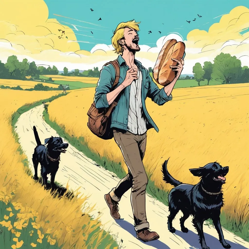 Prompt: Blonde haired man carrying a baguette under one arm and singing a song and walking in a field with a black dog in the sunshine  