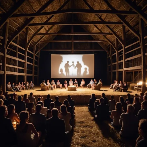 Prompt: A gathering in a large old barn. The audience sit on straw bails and watch monstrous shadows projected on a white sheet. Candles. Cocktails. Laughter. 