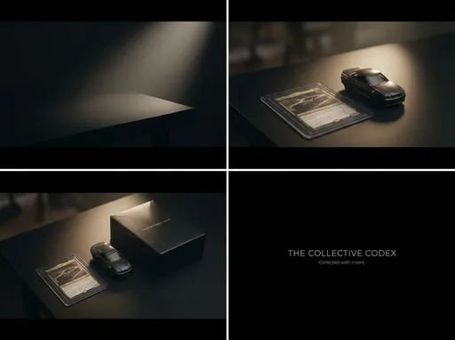 Prompt: Cinematic short video, 7–9 seconds.
Dark, minimal setting with a matte black table.
Soft directional light slowly turns on.

A curated selection of collectibles is revealed one by one:
– a premium trading card in a sleeve
– a die-cast car (Hot Wheels style)
– a sealed collectible object

Slow, deliberate camera movement, shallow depth of field.
No hands visible.
No fast cuts.
Museum-like, archival atmosphere.

Final frame fades to black with clean text:
“THE COLLECTIVE CODEX”
Subtext: “Collected with intent.”

Mood: calm, premium, established, intentional.
Style: luxury archive, private collection, museum-grade.
No bright colors, no hype effects, no emojis, no pop culture characters.
