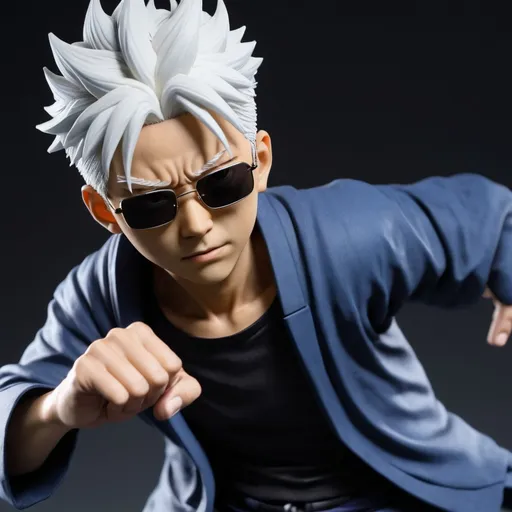 Prompt: Create a 3D image of Gojo Satoru from Jujutsu Kaisen. The scene should depict him in a dynamic, action pose with his signature abilities activated. He should be rendered with detailed textures, showcasing his white hair, dark sunglasses, and the distinctive outfit. The background can be a stylized, energy-infused environment, with swirling cursed energy and dramatic lighting to emphasize his power and presence. The overall look should be highly detailed and realistic, capturing Gojo's intense and confident demeanor.”