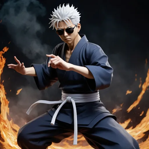 Prompt: Create a 3D image of Gojo Satoru from Jujutsu Kaisen. The scene should depict him in a dynamic, action pose with his signature abilities activated. He should be rendered with detailed textures, showcasing his white hair, dark sunglasses, and the distinctive outfit. The background can be a stylized, energy-infused environment, with swirling cursed energy and dramatic lighting to emphasize his power and presence. The overall look should be highly detailed and realistic, capturing Gojo's intense and confident demeanor.”