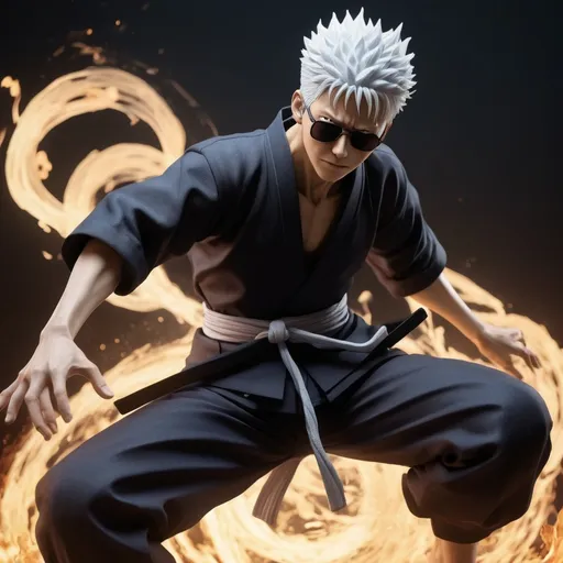 Prompt: Create a 3D image of Gojo Satoru from Jujutsu Kaisen. The scene should depict him in a dynamic, action pose with his signature abilities activated. He should be rendered with detailed textures, showcasing his white hair, dark sunglasses, and the distinctive outfit. The background can be a stylized, energy-infused environment, with swirling cursed energy and dramatic lighting to emphasize his power and presence. The overall look should be highly detailed and realistic, capturing Gojo's intense and confident demeanor.”