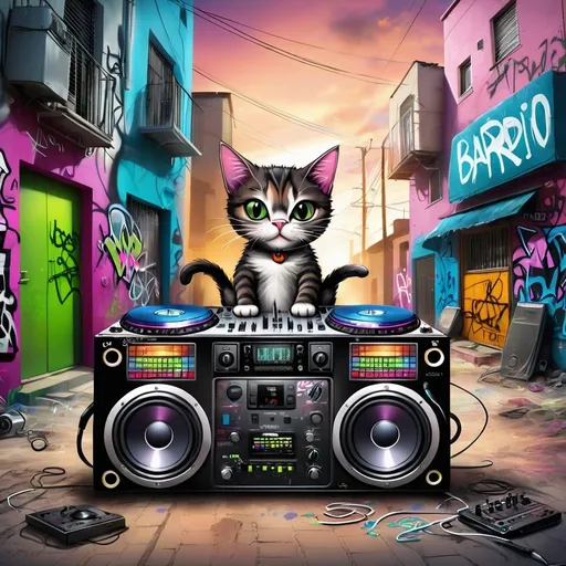 Prompt: cat DJ elumines elctric and grafitti sytle word Barrio
