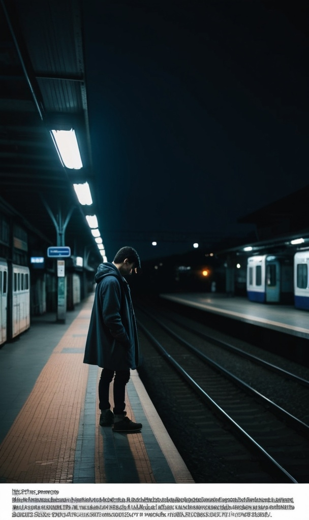 Prompt: A guy standing at the train station at the middle of the night with no one around with darkness in the night sky