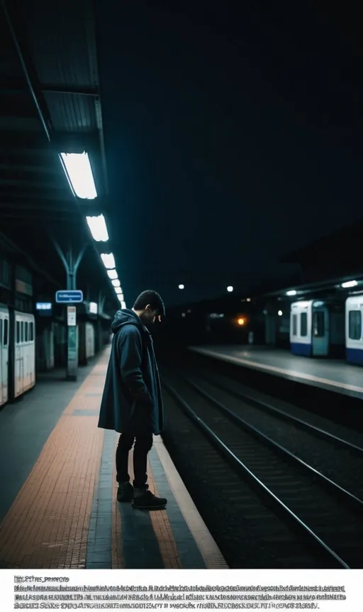 Prompt: A guy standing at the train station at the middle of the night with no one around with darkness in the night sky