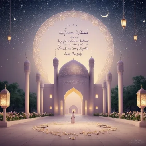 Prompt: An elegant and heartwarming digital illustration featuring the text 'Juma Mubarak, Rushna Zubaida' in REALITY. The background should have a serene Islamic theme with soft pastel colors, intricate floral patterns, and glowing lanterns. Include a subtle crescent moon and stars to add a spiritual touch. The overall design should evoke warmth, love, and peace, creating a personalized and romantic feel