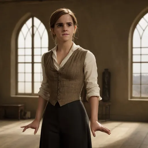 Prompt: Emma Watson levetating in a room, shown in The Da Vinci pose