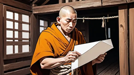 Prompt: Monk with a rope from the back that is holding a paper to read it inside a wooden house in a comic-style