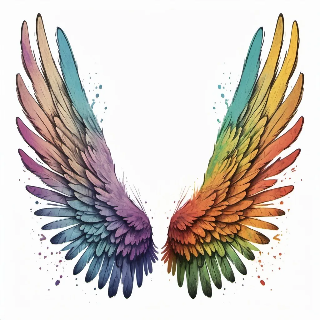 Prompt: a pair of wings painted in a sketchy and colourful way on a white background. the wings must be centered in the image