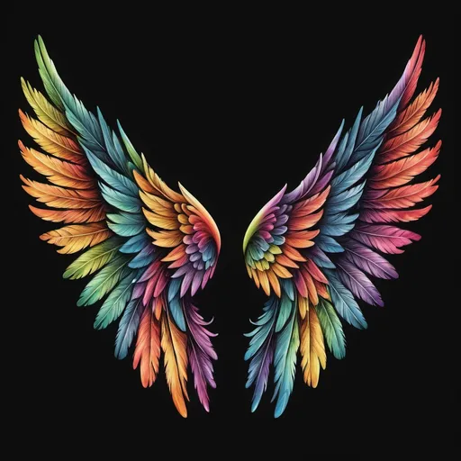 Prompt: a pair of wings painted in a sketchy and colourful way on a black background. the wings must be centered in the image