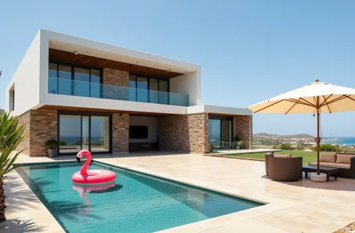 Prompt: A photo of a modern, minimalist villa with a sleek, angular design. The villa has a mix of white and natural stone exteriors and is two stories high. The villa has large windows and a balcony with a dark glass railing. In the foreground, there is a rectangular pool with clear blue water, surrounded by a spacious beige tiled patio, inside which is a flamingo float. To the right, there is an outdoor seating area under a large cream-colored parasol, complete with a wicker sofa and a small table. The setting is coastal, with Canary Island palm vegetation and a distant view of a beach and marina under a clear, sunny sky.