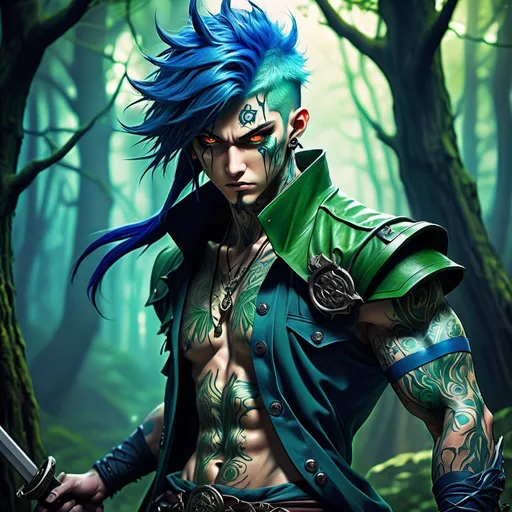 Prompt: (eye-catching tattoo) blue-hair anime man demon hunter, (green katana sword) striking contrast, fierce expression, detailed facial features, intricate clothing with dark and rugged textures, (dynamic pose), with a backdrop of a mystical forest, vibrant colors, enchanting light filtering through trees, (highly detailed, ultra-detailed, vivid) creating an intriguing and dramatic atmosphere.